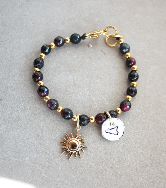 Sicilian Bracelet with Natural Stones, Stainless Steel Sun & Hand-Engraved Sicily Charm