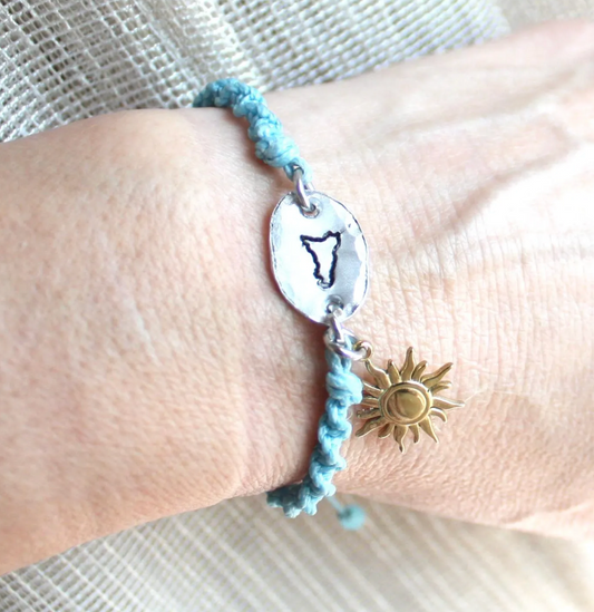 Sicilian Macramé Bracelet with Blue Waxed Cotton, Sun Charm & Hand-Engraved Sicily