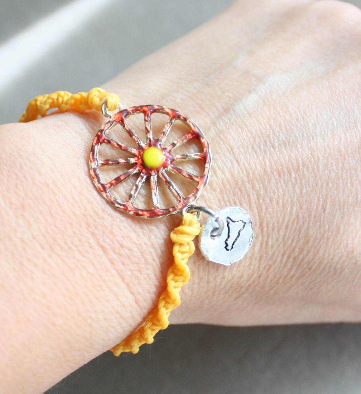 Sicilian Bracelet with Yellow Waxed Cotton & Enamel Cart Wheel Charm