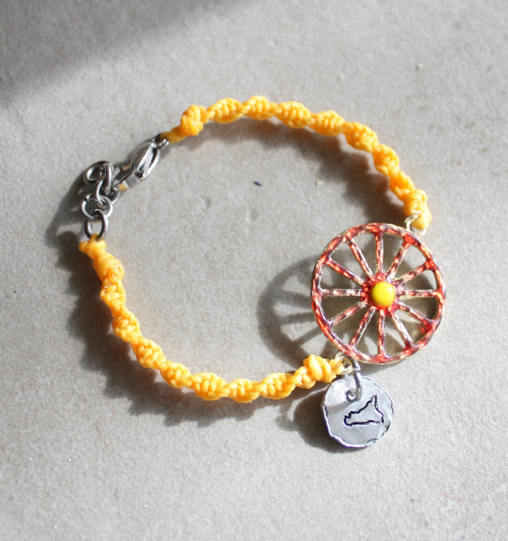 Sicilian Bracelet with Yellow Waxed Cotton & Enamel Cart Wheel Charm