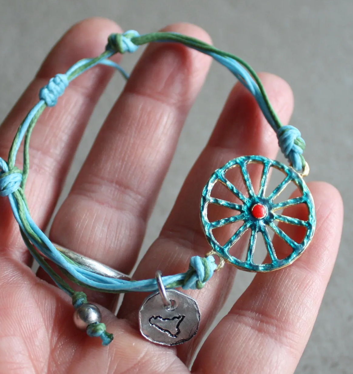 Sicilian Macramé Bracelet with Blue & Green Waxed Cotton and Enamel Cart Wheel