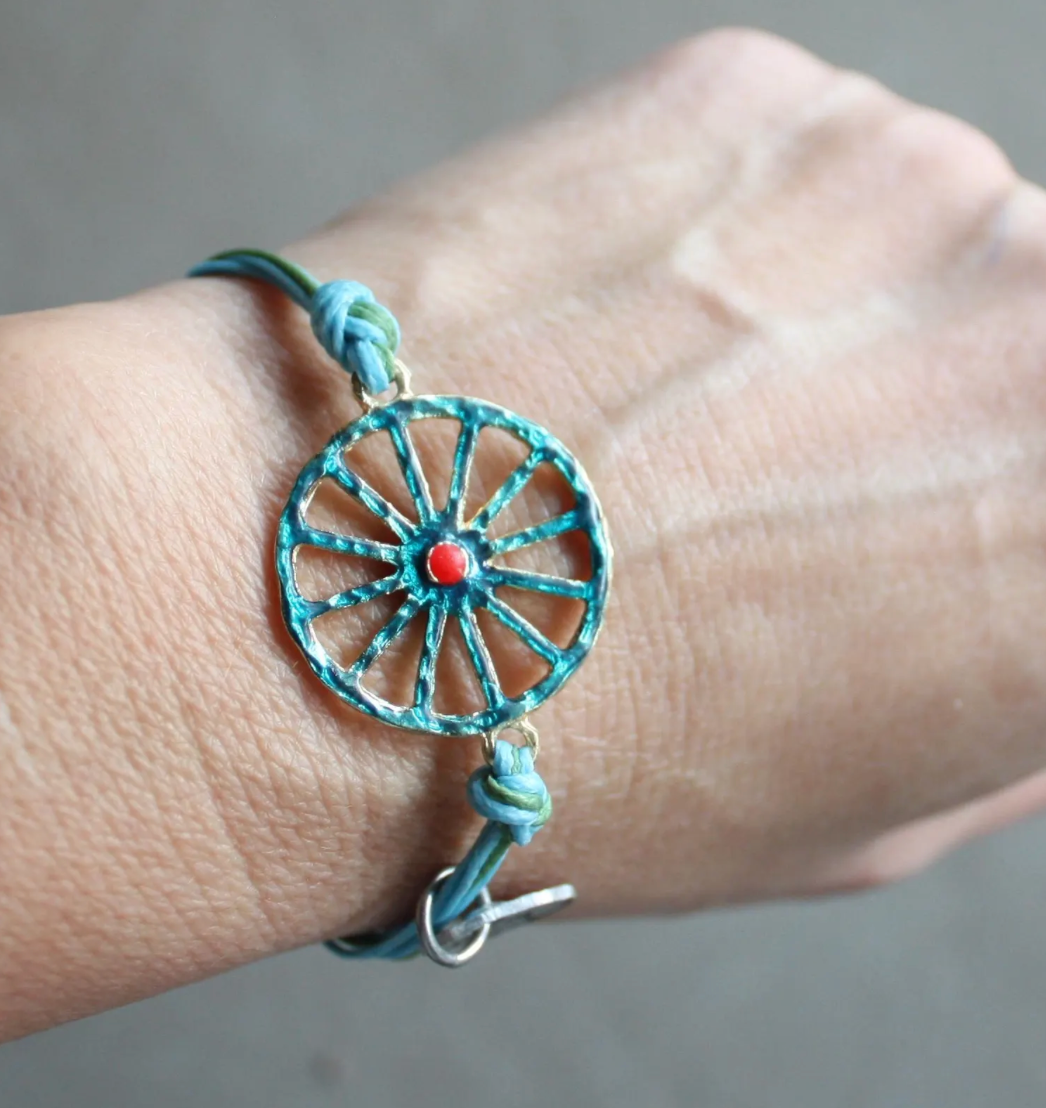 Sicilian Macramé Bracelet with Blue & Green Waxed Cotton and Enamel Cart Wheel