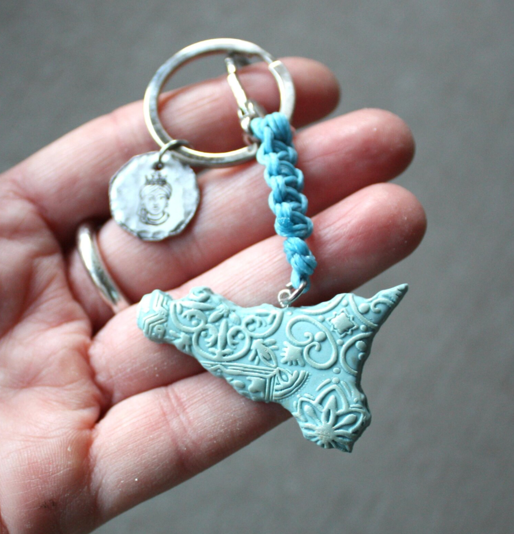Sicilian Macramé Keychain with Polymer Clay Charm & Hand-Engraved Moor Head