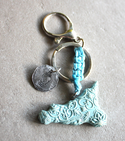 Sicilian Macramé Keychain with Polymer Clay Charm & Hand-Engraved Moor Head