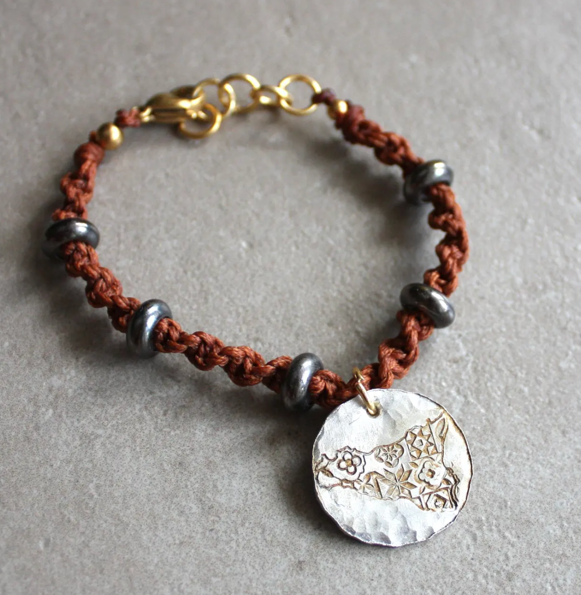 Macramé Bracelet with Brown Cord and Hand-Engraved Aluminum Charm