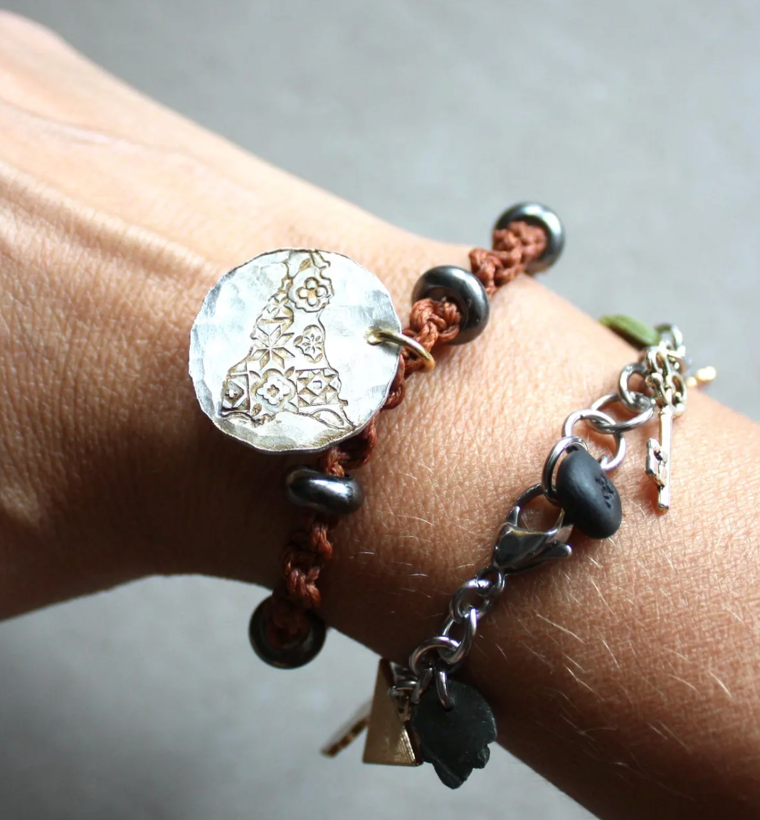 Macramé Bracelet with Brown Cord and Hand-Engraved Aluminum Charm
