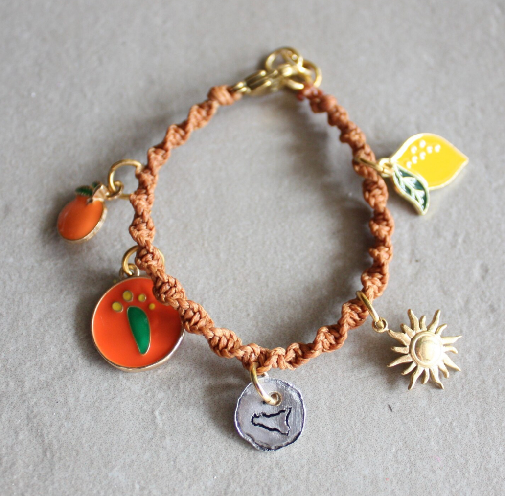 Sicilian Multicharm Macramé Bracelet with Hand-Engraved Aluminum Charm