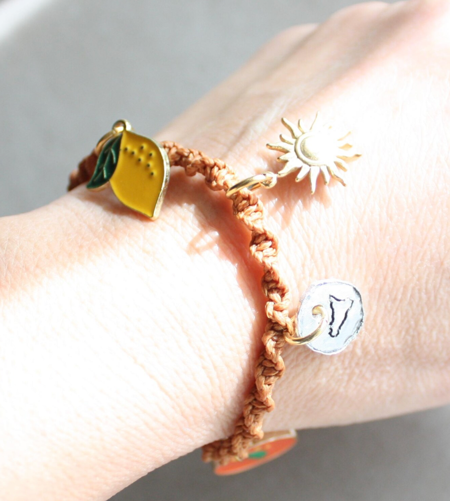 Sicilian Multicharm Macramé Bracelet with Hand-Engraved Aluminum Charm