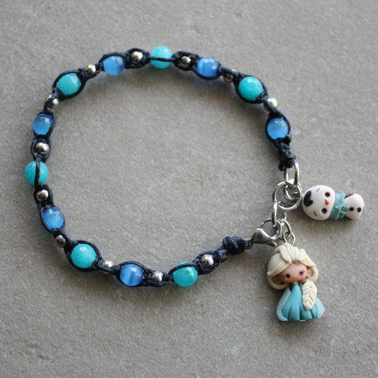 Adjustable macramé bracelet featuring Elsa and Olaf