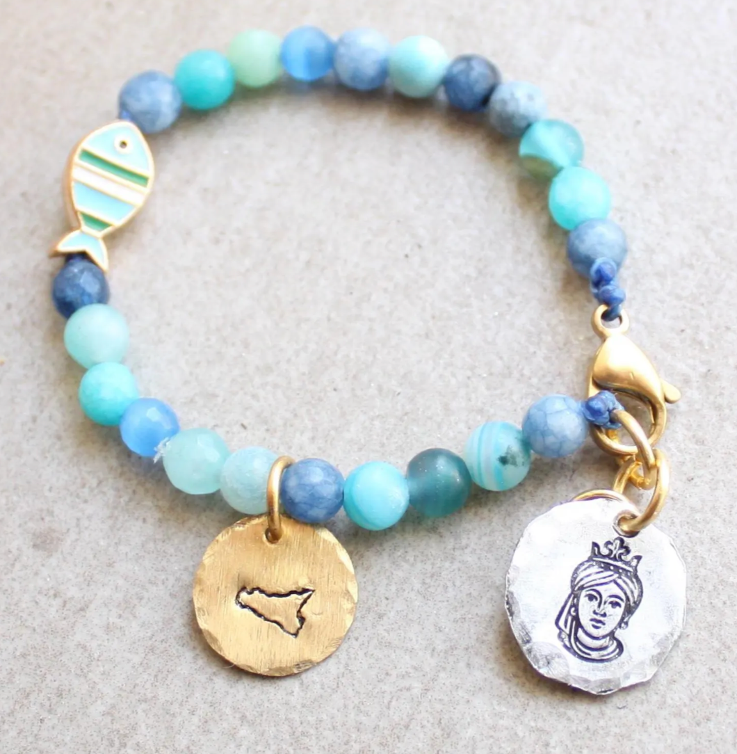 bracciale pietre dure con pesciolino smaltato, sicilia in ottone e testa di moro