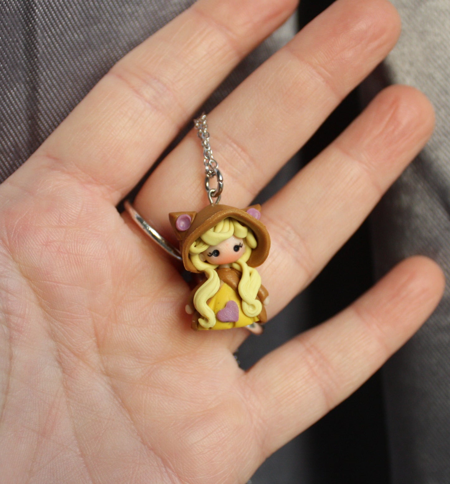 Stainless Steel Necklace with Handmade Polymer Clay Cat Doll III