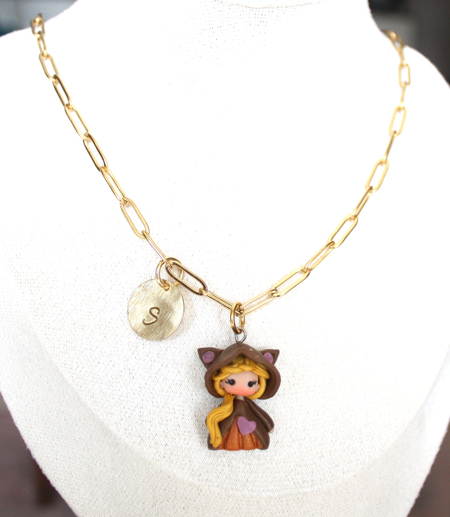 Gold stainless steel necklace with petdoll and initial