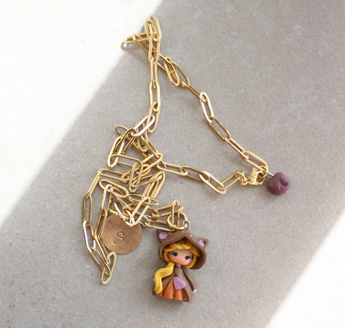 Gold stainless steel necklace with petdoll and initial
