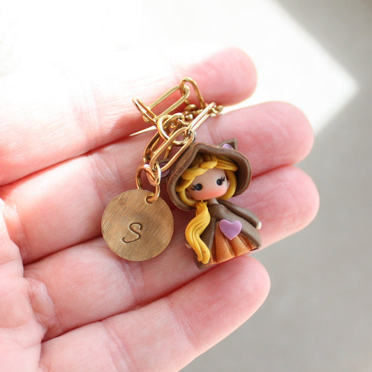 Gold stainless steel necklace with petdoll and initial