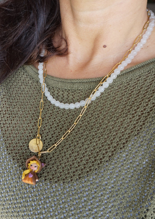 Gold stainless steel necklace with petdoll and initial