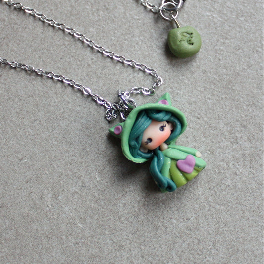 Collana in acciaio inox con cat doll in fimo modellata a mano II
