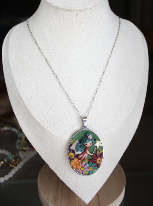 Long Fairy Cameo Necklace in Stainless Steel