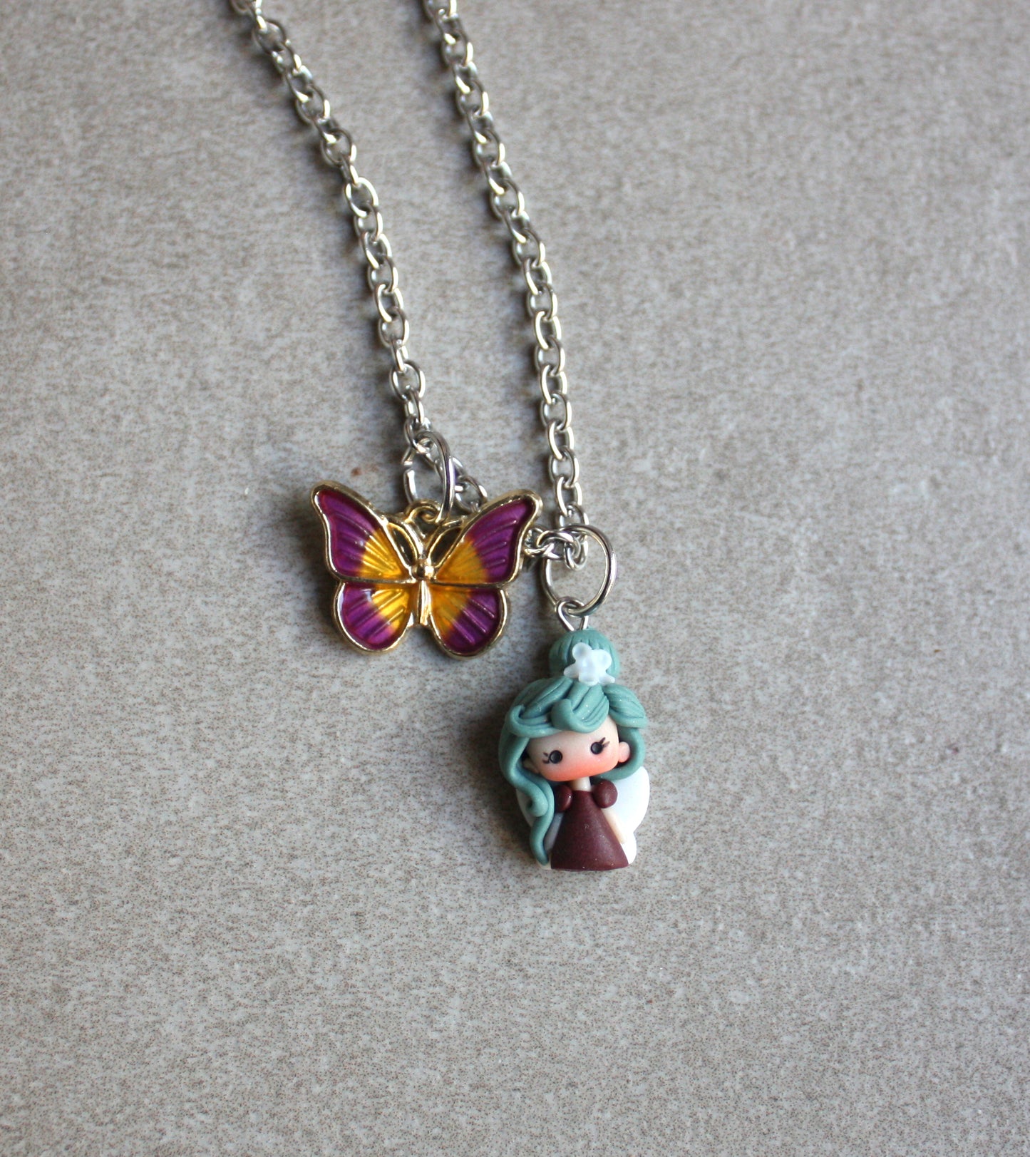 Stainless Steel Necklace with Mini Fairy and Enamel Butterfly