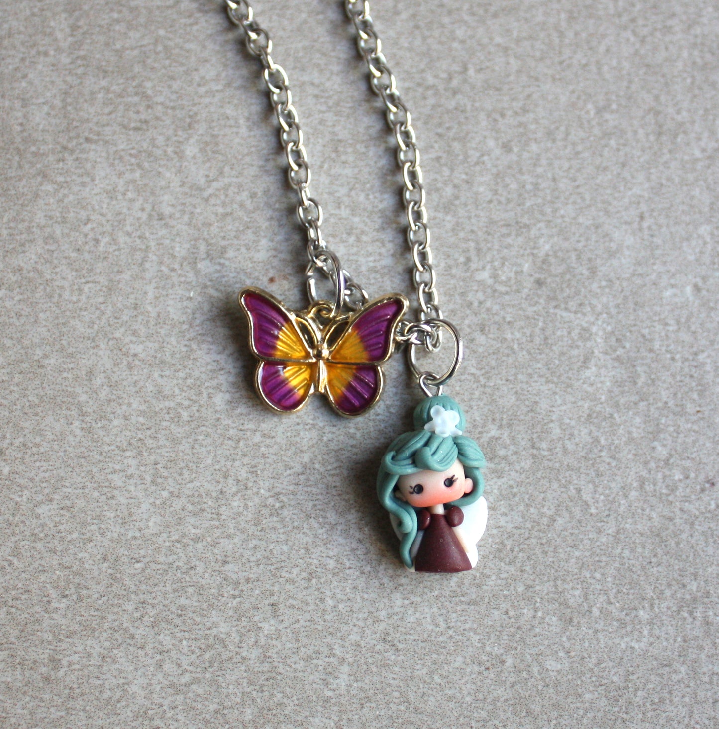 Stainless Steel Necklace with Mini Fairy and Enamel Butterfly