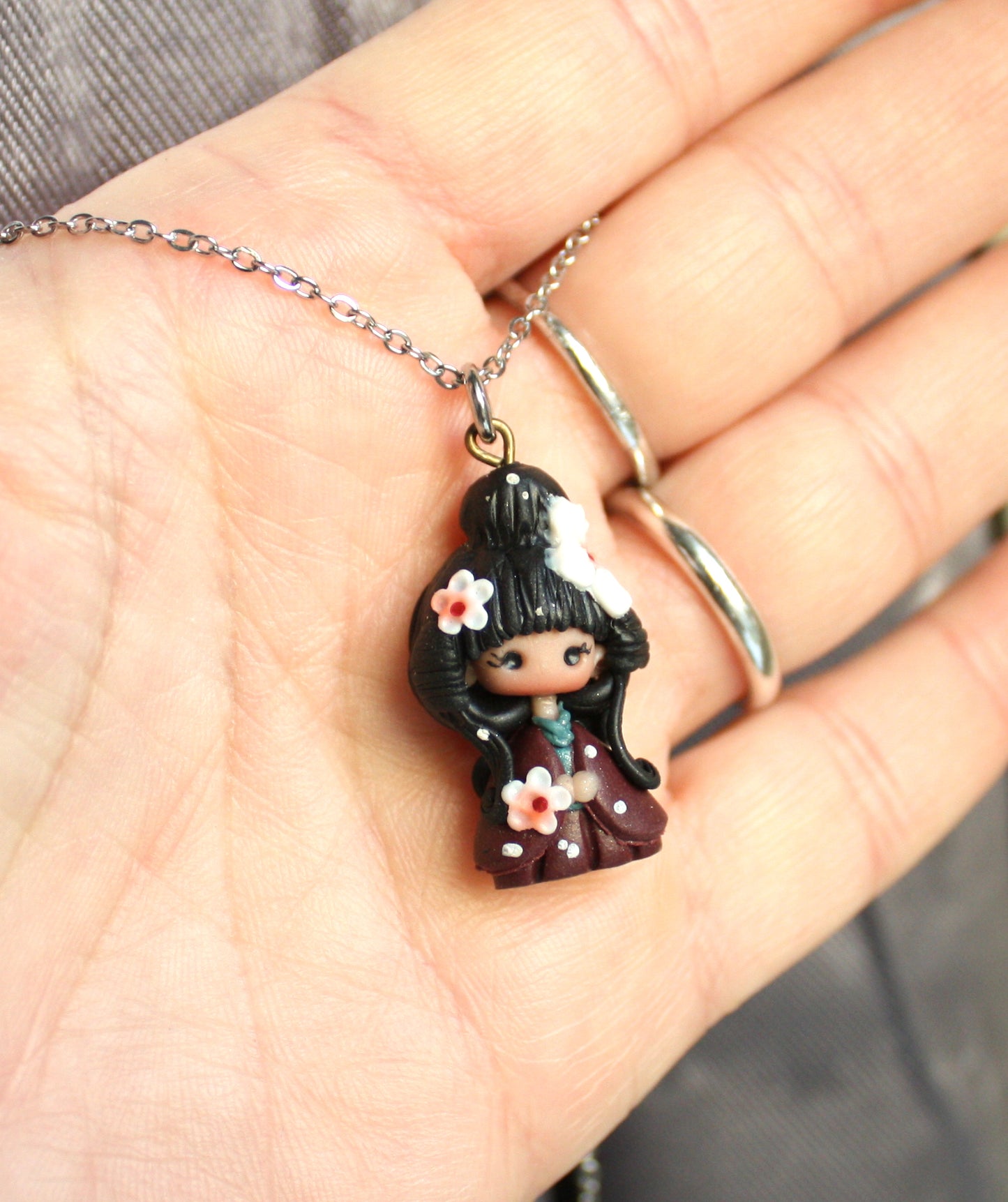 Stainless Steel Necklace with Geisha and Enamel Flower