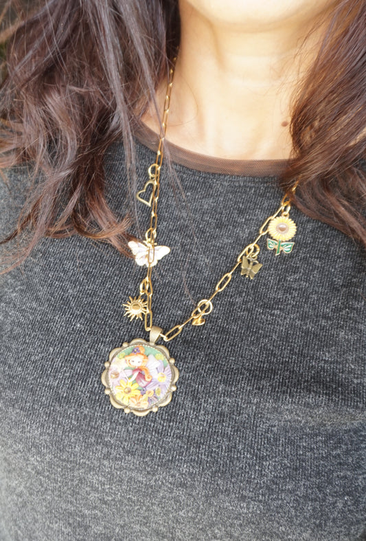 Gold Stainless Steel Multicharm Necklace with Fairy Cameo and Enamel Charms