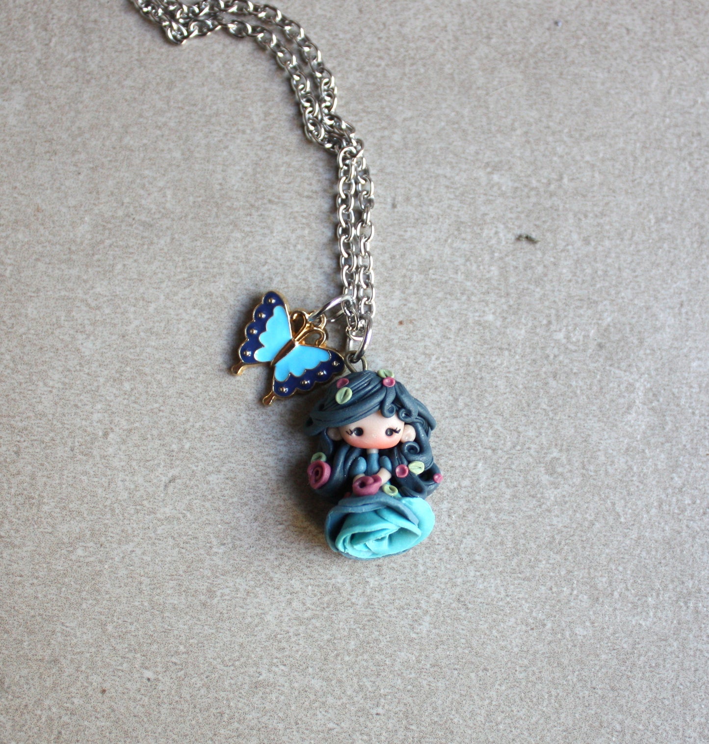 Stainless Steel Necklace with Nymph and Enamel Butterfly