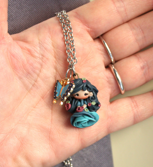 Stainless Steel Necklace with Nymph and Enamel Butterfly